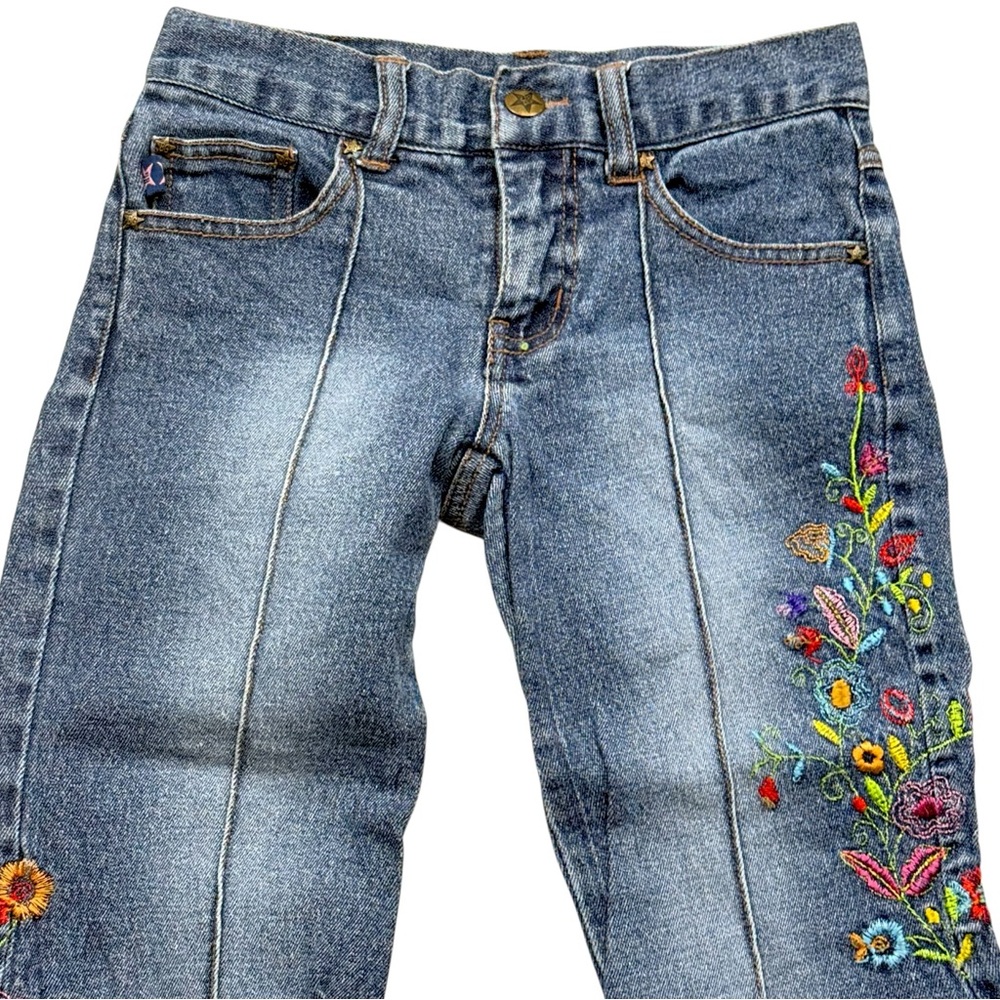 Youth Floral Embroidered‎ Bootcut Jeans Girls Size 7 Blue Denim Stretch Pants